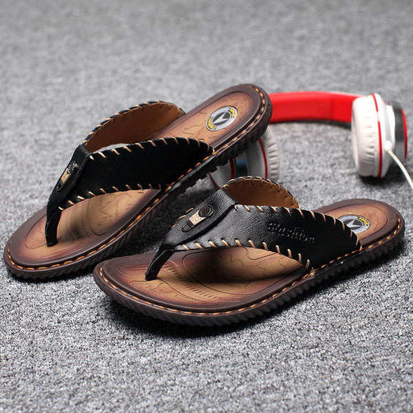 Genuine leather Mens flip flops high quality hand made slippers big size slippers summer beach slipper wearproof sandals zy9491