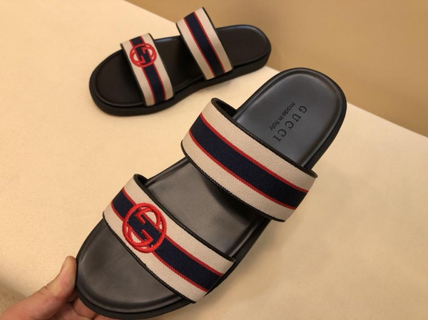 Quality 2019 luxury Rubber slide sandal Brand men slipper Gear bottoms Flip men striped Beach causal slipperSize 38-45