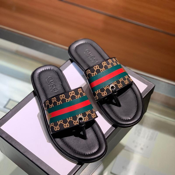 Quality 2019 luxury Rubber slide sandal Floral brocade men slipper Gear bottoms Flip Flops men striped Beach causal slipperSize 38-45