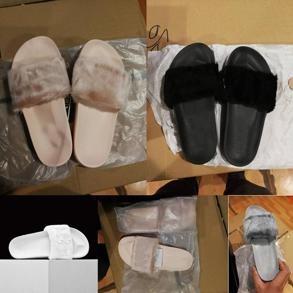 2018 Fashion Shoe Cheap Women Slippers By Rihanna Leadcat Fenty Pink Black Grey White Wool Slippers With Shoe Box 362266