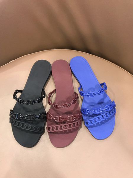 Luxury Designer Europe and the United States new plastic chain beach shoes candy color jelly sandals chain flat bottomed out sandals