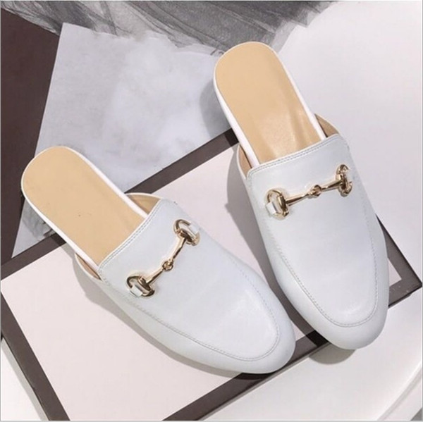 Hot Sale-Brand Mules Princetown Women Slippers Mules Flats Genuine Leather Fashion Metal Chain Ladies Casual shoes size 34 - 41