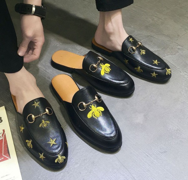 2019 men's Half slippers with authentic soft cowhide Designer Male Female Hair Slippers Embroidered women's slippers 35-48