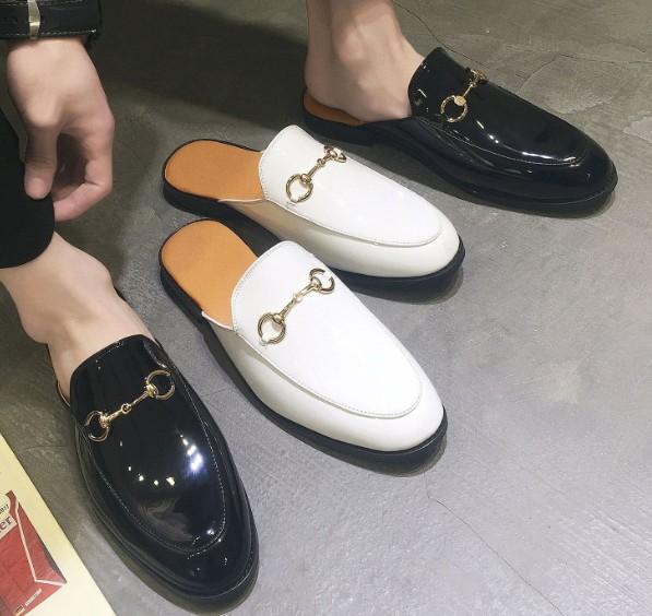 New Women Slippers Mules Flats Suede mule shoes Designer Fashion Men Genuine Leather Loafers Shoes with Metal Chain