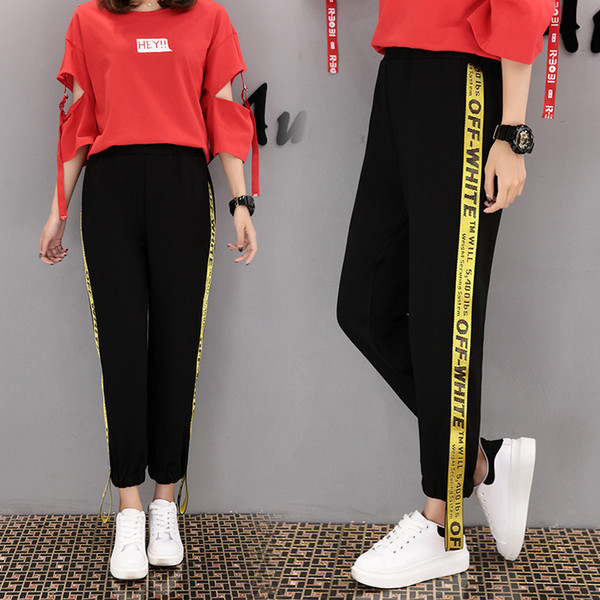 18ss OFF Letter Women's Pants Yellow Ribbon White Logo Sports Wear Fashion Women Sweatpants Harem Pants Spring Autumn Leggings