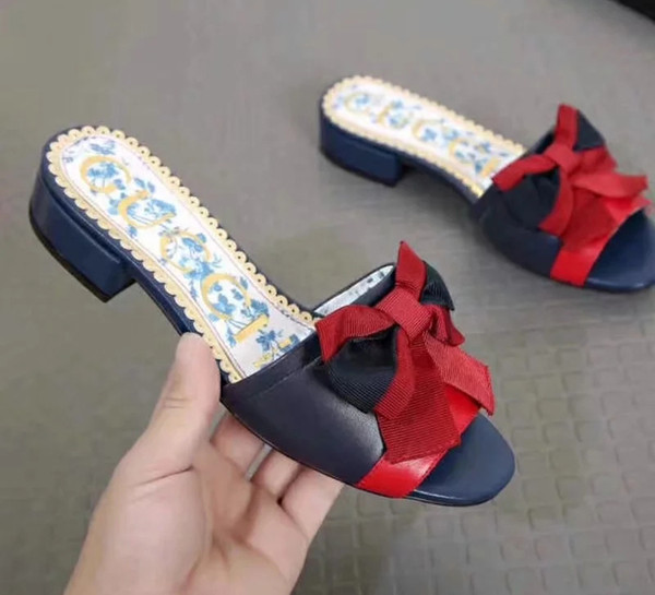 19ss Italy Belt Striped Logo Women's Slippers Summer Scuffs Women Elegant Bow Hoof Heels Navy Slides