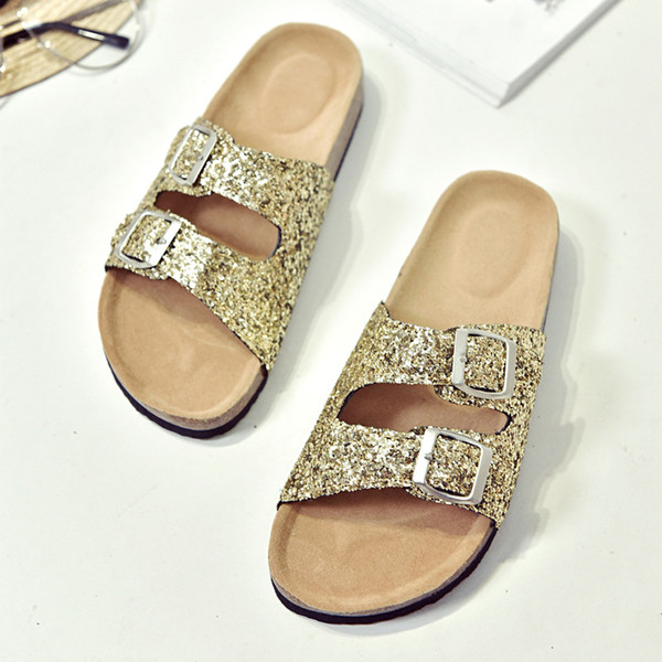 10 pcs Lady Cork Sequins Beach Sandles Women Sole Slippers Sexy Flat Flip Flops Outdoor Slipper Sandals Couple Vogue Cool Shoes Slipper