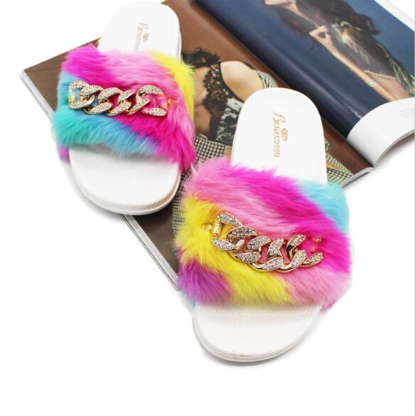 fashion rainbow Rhinestone chain Rihanna Leadcat Fenty Color Slipper Faux Fur Burgundy Slide Slippers Ladies villus spring Indoor Sandals