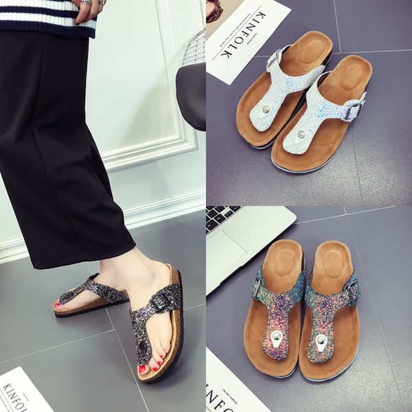 Lady Cork Flip-flops Sequins Beach Sandles Women Sole Slippers Sexy Flat Flip Flops Outdoor Slipper Sandals Couple Vogue Cool Shoes Slipper