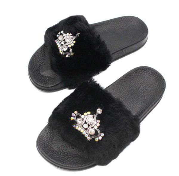 fashion Crown Rhinestone Rihanna Leadcat Fenty Color spring Slipper Faux Fur Burgundy Slide Slippers Ladies villus Indoor Pink Sandals 1pcs