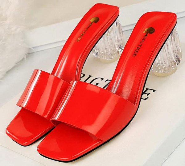 Fashion simple summer daily ladies transparent thick with high-heeled square head patent leather slippers dashu797-1