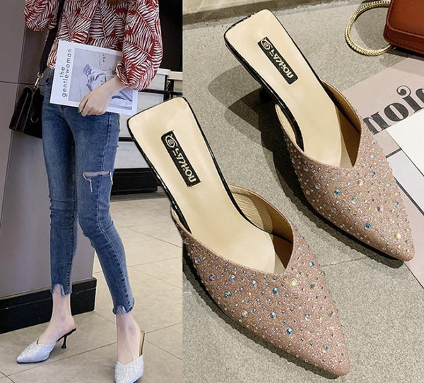 2019 summer new fashion wear baotou half slippers versatile stiletto heels rhinestone anti-slip sandals and slippers huangyan39