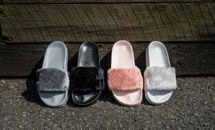 New 2017 Rihanna Fenty Leadcat Fur Slides - Pink, Black, White Slide Sandal Womens Slippers retail