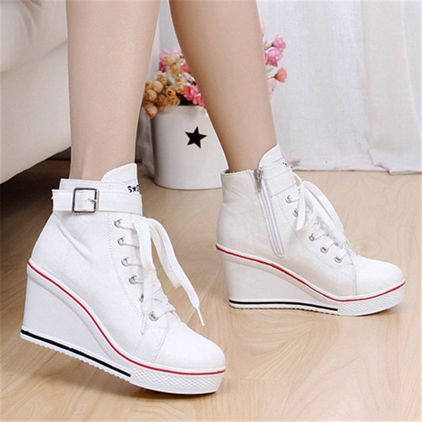 Hot Sale-New Sexy Women Breathable Wedges Canvas Shoes High Top Zippers 8cm High Heel Mujer Toning Shoes Sneakers Size