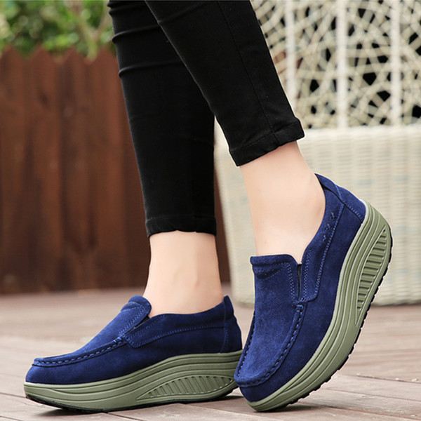 Hot Sale-New Genuine Leather Women Swing Shoes Slip-on Loss Shoes Wedge 5CM Height Increasing Slimming Sneakers