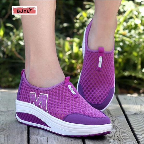 BJYL 2019 spring and summer breathable womens shoes leisure sports platform shoes slope heel single shoes net cloth womens shoe