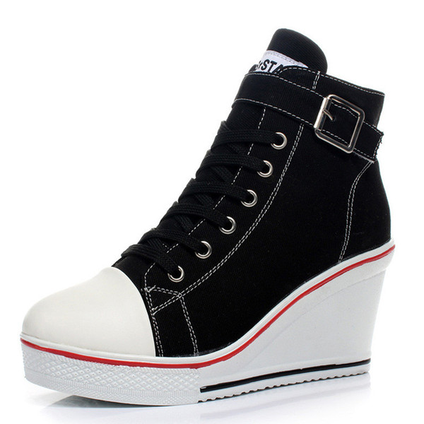 New Sexy Women Breathable Wedges Canvas Shoes High Top Zippers 8cm High Heel Mujer Toning Shoes Sneakers Size