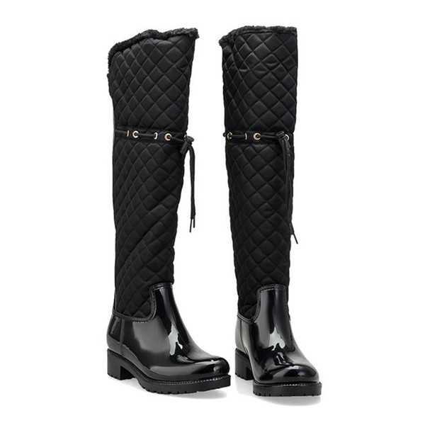 Women Rubber Patchwork Rain Boots Square Heels Over Knee Winter Warm Fur Rainboots Water Shoes Woman