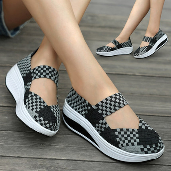 Women Slimming Shoes Woven Breathable Slip-on Sneakers New Wedge Height Increasing Female Toning Swing Shoes