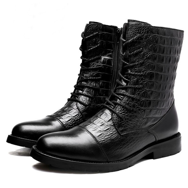 Unisex Height Increasing Shoes man calf boots full grain leather boots woman cotton shoes crocodile grain cowhide lace up boots 701