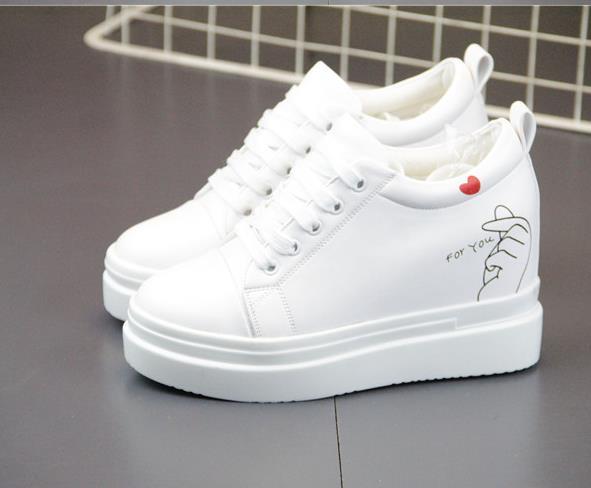 Hot Sale-2019 Women Sneakers Trainers White Shoes 10CM Heels Autumn Wedges Breathable Woman Height Increasing Shoes