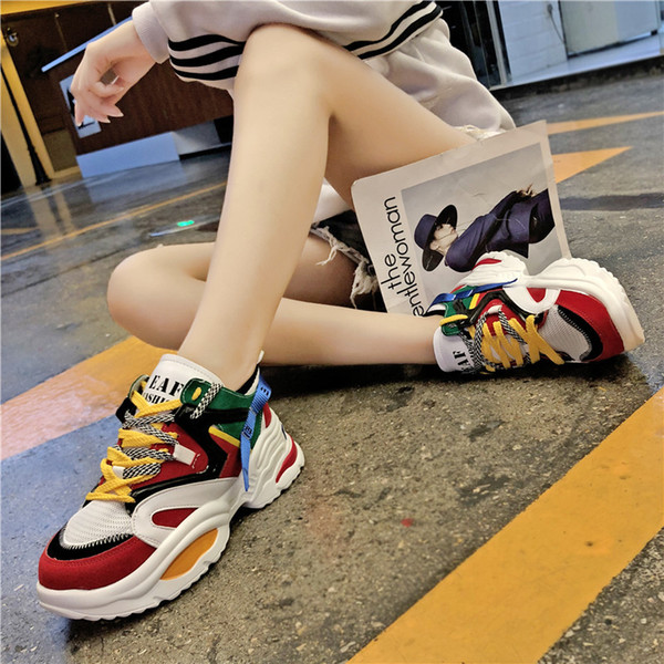 Hot Sale-Height Increasing Women Casual Shoes White Platform Sneakers Chunky Sneakers Footwear Basket Femme