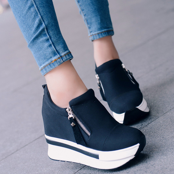 Hot Sale-2019 New Women High Heel Zipper Casual Red Breathable Height Increaseing Canvas Shoes Woman Sneakers