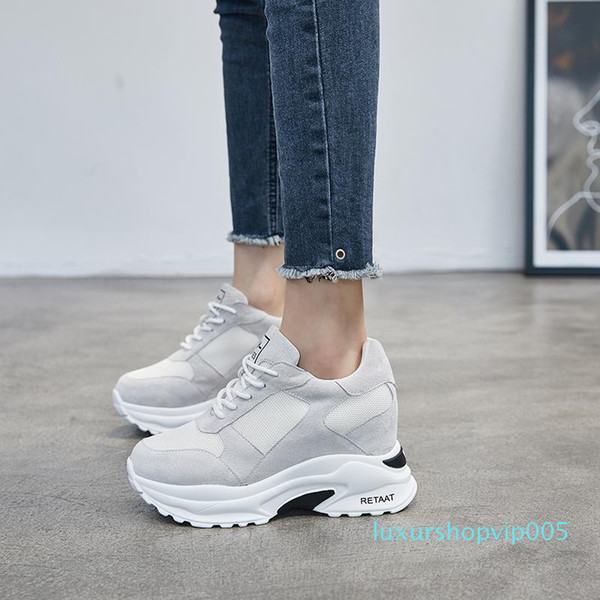 Hot Sale-New Shoes Women Sneakers Cow Suede High Heel 8cm Mixed Colors Leisure Platform Wedges Breathable Height Increase Shoes