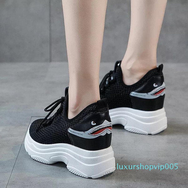 Hot Sale-Summer BreathableShoes Sneakers High Heel 8cm Lady Casual White Shoes Leisure Platform Height Increasing