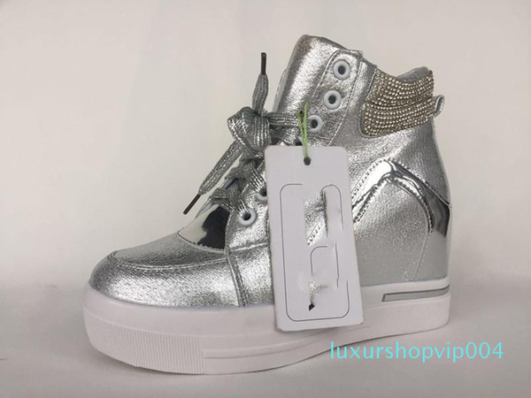 Hot Sale-High Top Shoes Woman Platform Rhinestone Shoes Ladies Hidden Wedges Height Increasing Shoes White