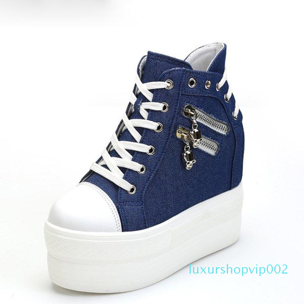 Hot Sale-Canvas Shoes Woman Platform High Top Shoes Hidden Heel Height Increasing Casual Shoes Female White Black Blue