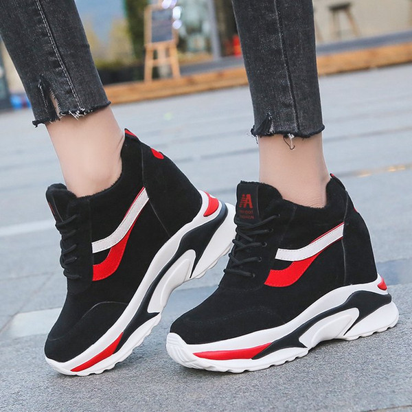 Spring thick-soled inner leisure light mouth color matching upgrade elevated Shoes Black Suede Leather anti-skid high heels