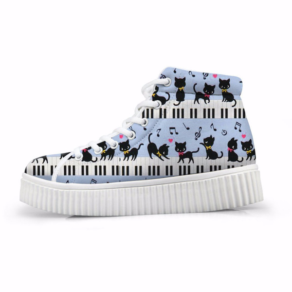 Cute Cartoon Cat Print Women Flat Platform Shoes Piano Music Note Autumn Winter High Top Height Increasing Shoes