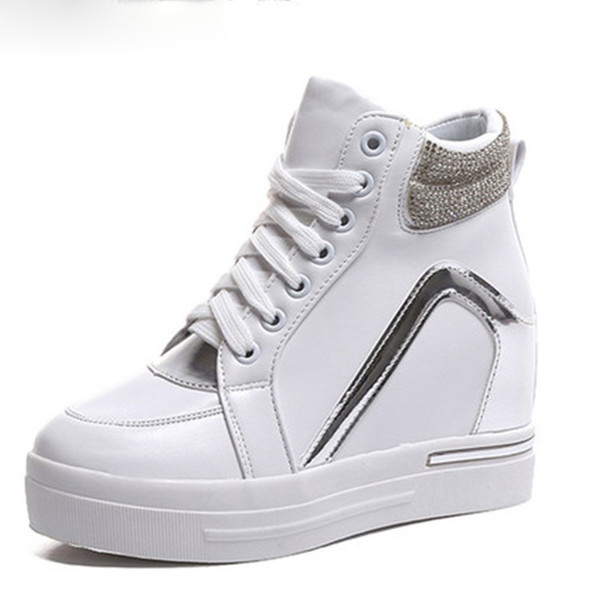 High Top Shoes Woman Casual Platform Rhinestone Lace Up Shoes Ladies Hidden Wedges Height Increasing Shoes White