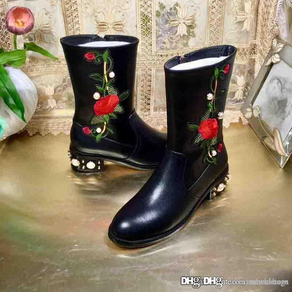 2017 GA Quality Luxury brands G Logo Bee Genuine Black Mid Boots printing Waterproof boots Fashion zipper Come with The Box