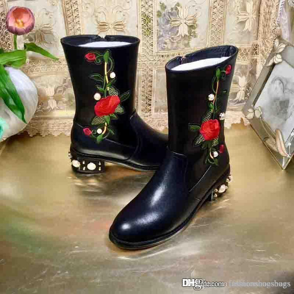 2017 GA Quality Luxury brands G Logo Bee Genuine Black Mid Boots printing Waterproof boots Fashion zipper Come with The Box