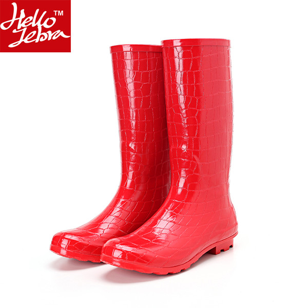 Knee High Rain Boots Women's Fashion Red Crocodile Pattern Motorcycle Rubber Rainboots Girl Ladies Sexy Long Waterproof Shoes Imitation Boot