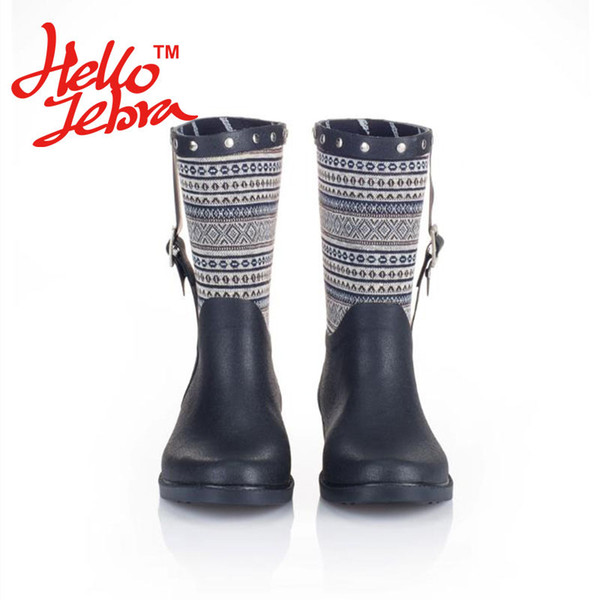 Women Fashion Rain Boots Parchwork With Rivets Ladies Rubber Flat Hoof Heels Waterproof Charm Rainboots 2016 New Fashion Design Buckle Blue