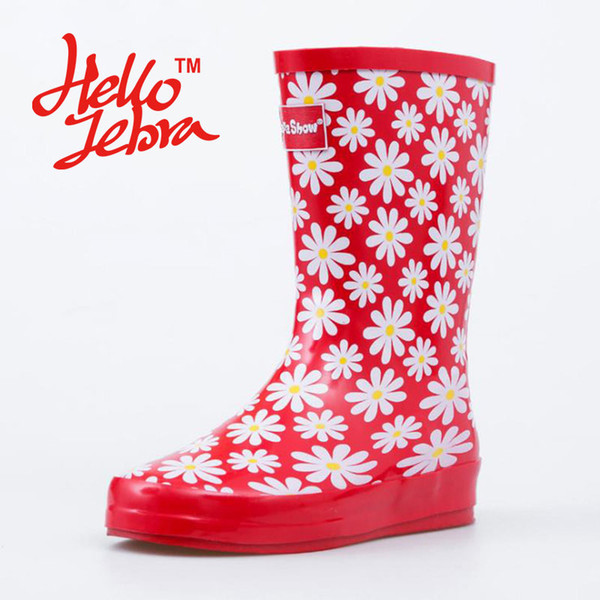 Women Rain Boots Red Printing Flowers Ladies Low Hoof Heels Mid Calf Slip Waterproof Round Toe Rainboots 2016 New Fashion Design White Flowe