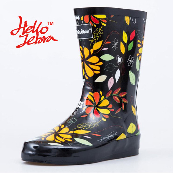 Women Black Rain Boots Printing Flower Lady Low Hoof Heels Mid Calf Slip Waterproof Round Toe Rainboots 2016 New Fashion Design Fashion Good