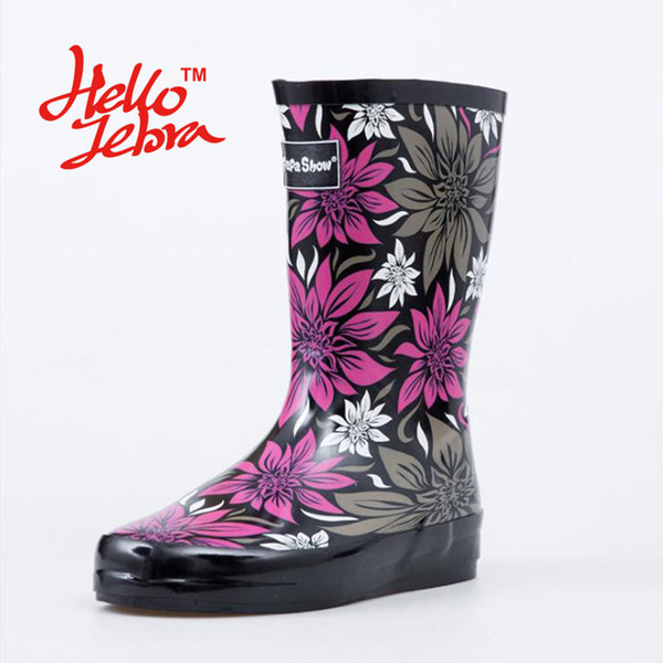 Women Purple Rain Boots Printing Flower Lady Low Hoof Heels Mid Calf Slip Waterproof Round Toe Rainboots 2016 New Fashion Design Great Mid