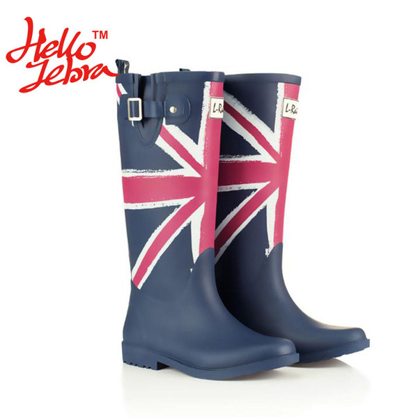 Women Fashion Rain Boots Printing Flag Classic Ladies Rubber MIid-Calf Heels Waterproof Buckle Rainboots 2016 New Fashion Design Tall Blue