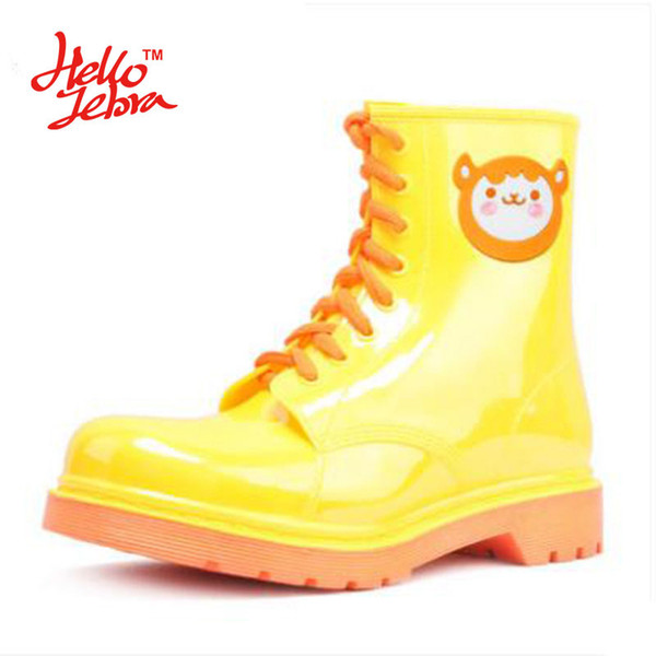 Women Fashion Rain Boots Ladies Lace Up Cute Animal Prints Rubber Flat Heels Waterproof Charm Rainboots 2016 New Fashion Design Cartoon Love