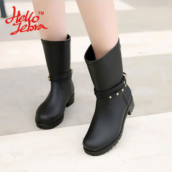 Women Fashion Rain Boots Ladies Charm Rivets Bordered Slip Rubber Flat Heels Waterproof Charm Rainboots 2016 New Fashion Design Two Colors