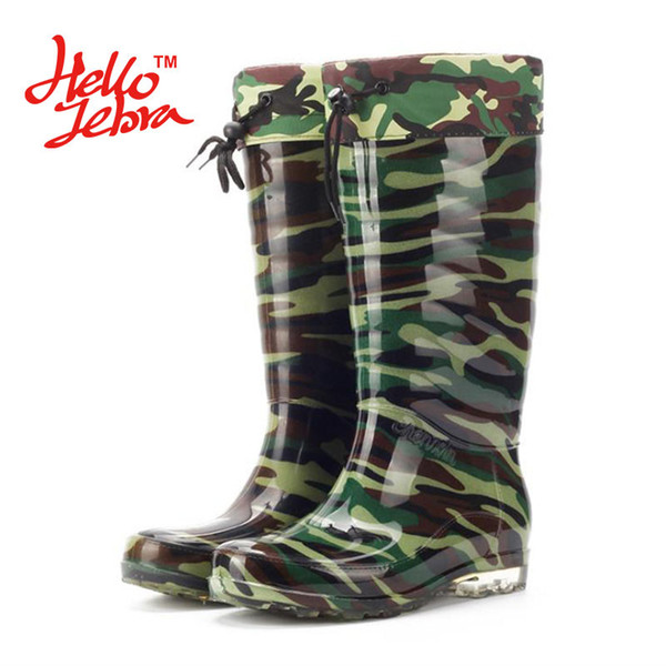 Hellozebra Men Winter Fashion Rain Boots Camouflage Chains Waterproof Welly Plaid Knee-High Rainboots 2016 New Fashion Design Green Light