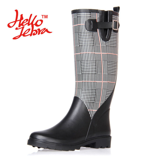 Women Tall Rain Boots Lady Plaid Canvas Low Heels Waterproof Welly Spot Buckle High Nubuck Rainboots 2016 New Fashion Design Black and White