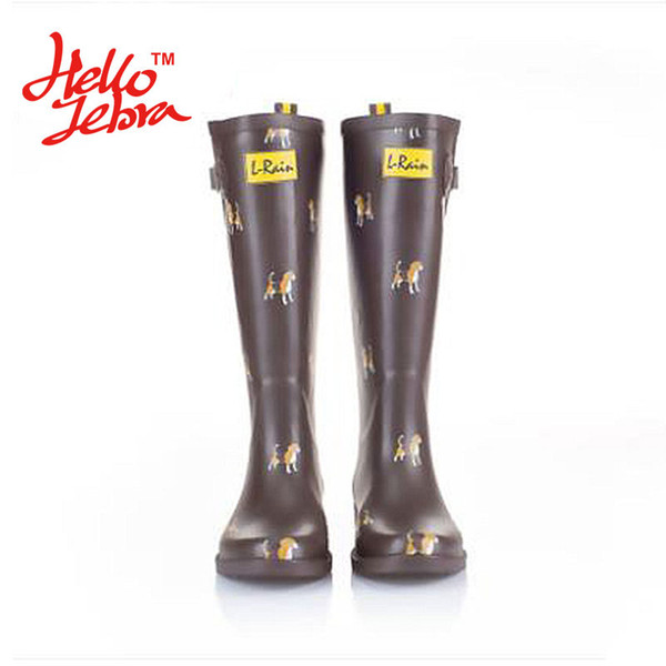 Women Fashion Rain Boots Printing Dogs Ladies Rubber MIid-Calf Hoof Heels Waterproof Buckle Rainboots 2016 New Fashion Design Animals High