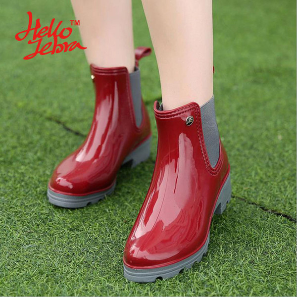 Hellozebra Women Rain Boots Ladies Elastic Band Solid Ankle Rubber Flat Heel Waterproof Charm Rainboots 2016 New Fashion Design PVC Fashion