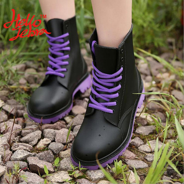 Hellozebra Women Rain Boots Ladies Martin Boots Solid Ankle Lace Up Flat Heel Waterproof Charm Rainboots 2016 New Fashion Design Martin Wate