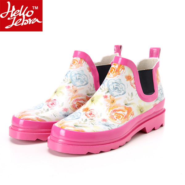 Rain Boots Women Waterproof Fashion Jelly Girls Ladies Ankle Rubber Boots Summer Elastic Band Pink Flower Rainday Water Shoes Ink Painting